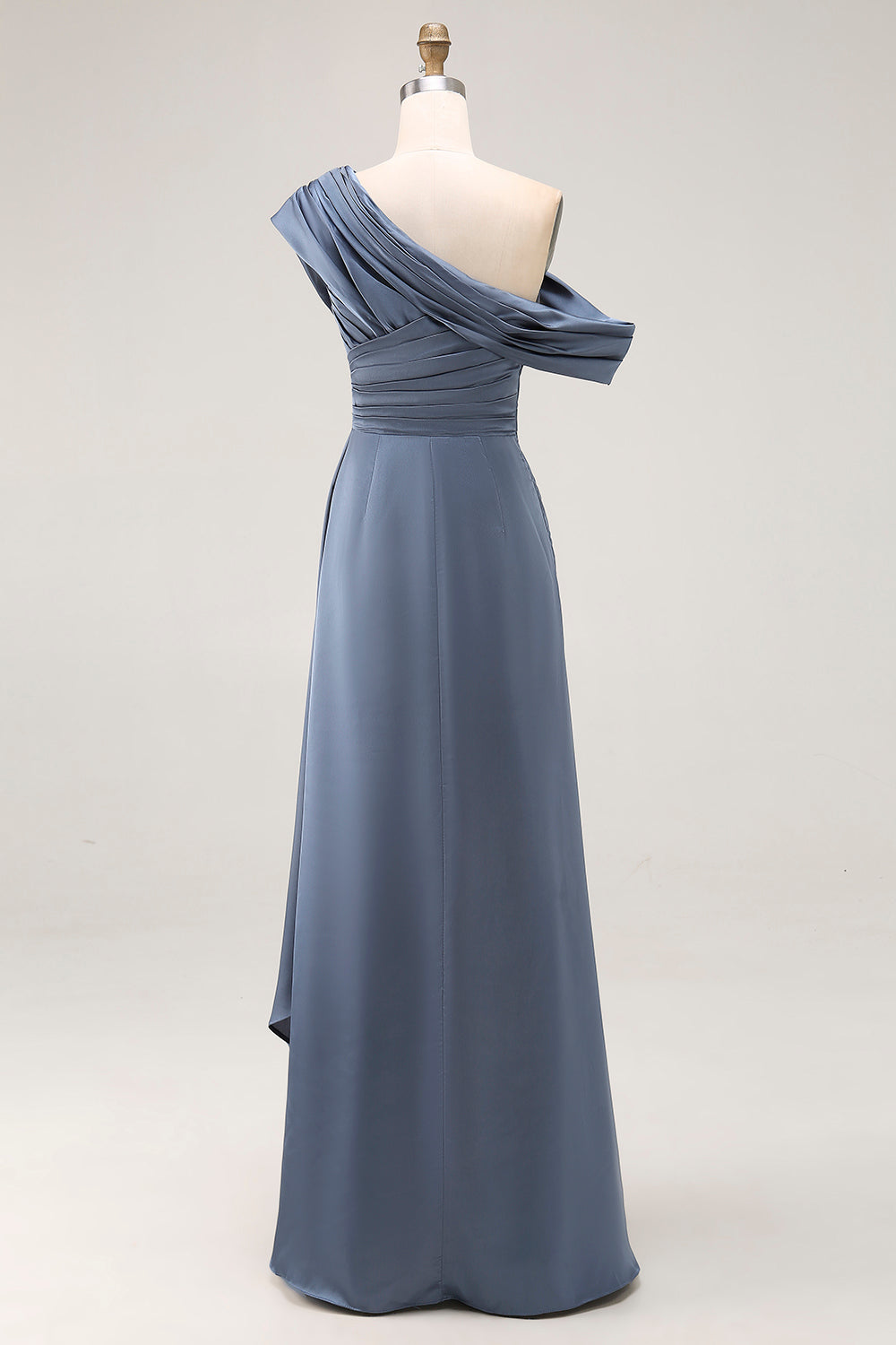 Plus Size Grey Blue Mermaid Ruched One Shoulder Satin Formal Dress with Ruffles