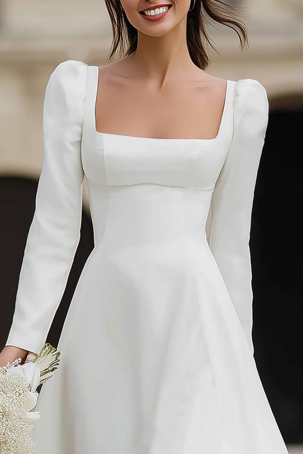 Ivory Satin A Line Ruffled Maxi Engagement Dress with Sleeves
