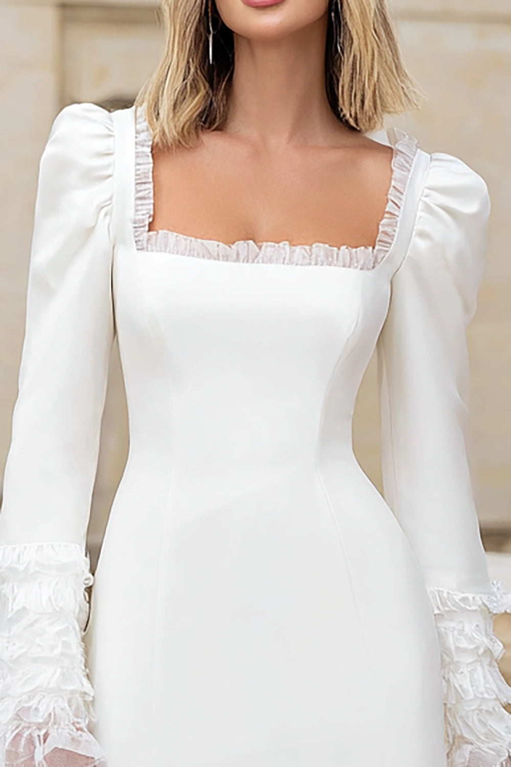 Ivory Square Neck Long Sleeves Short Bridal Shower Dress with Ruffles