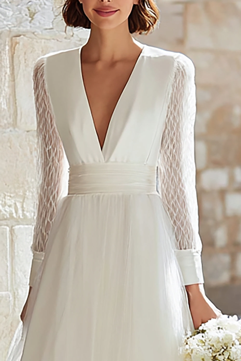 Ivory V-Neck Tulle Long Sleeves A-Line Floor Length Wedding Dress