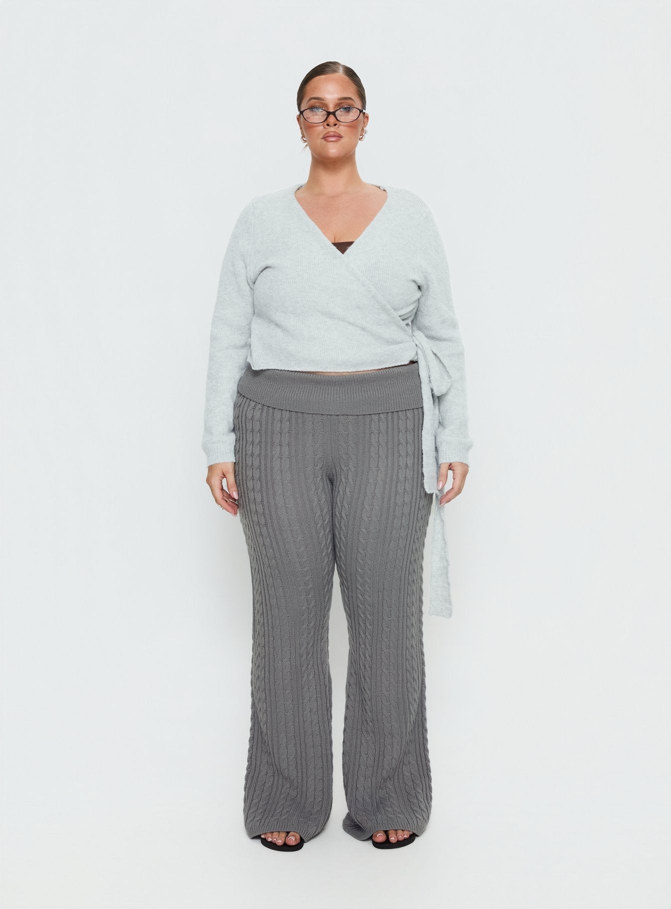 Baleigh Cable Knit Foldover Pants Grey Curve