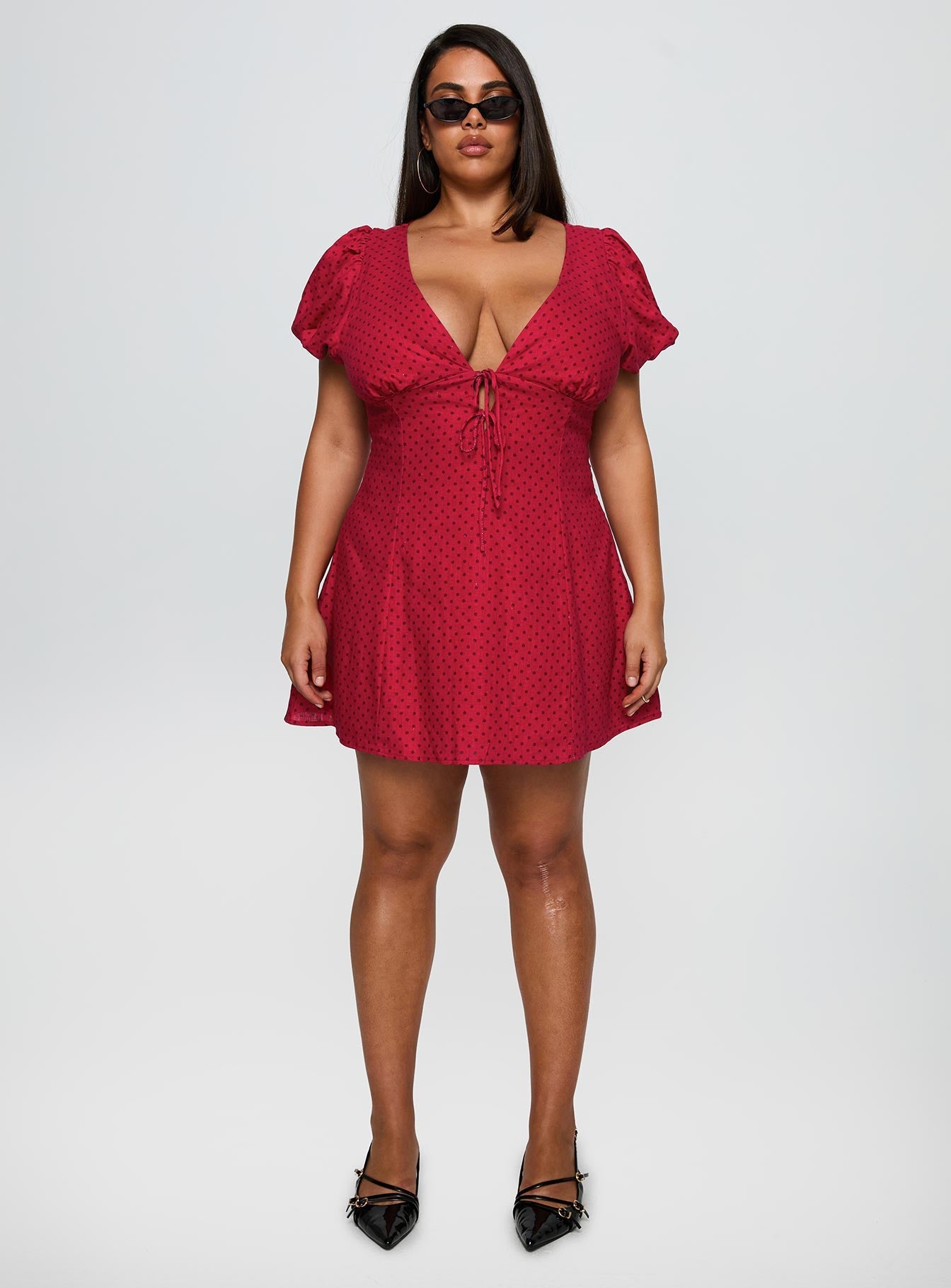 Beloved Puff Sleeve Linen Blend Mini Dress Red Polka Curve