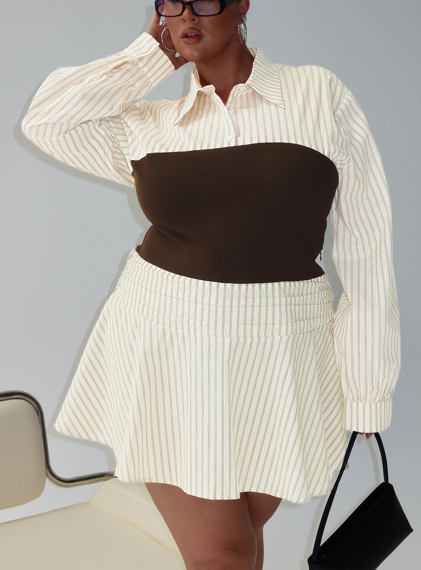 Belva Long Sleeve Corset Shirt Mini Dress Brown Stripe Curve