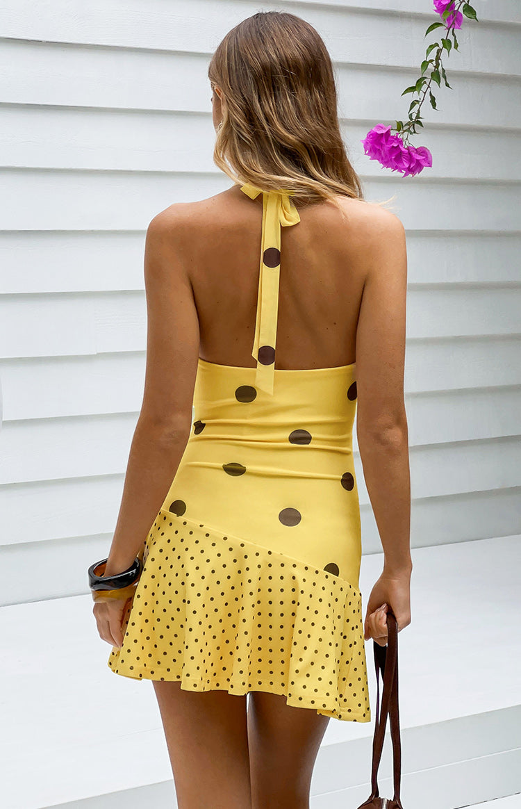 Billy Yellow Polka Dot Cowl Mesh Mini Dress
