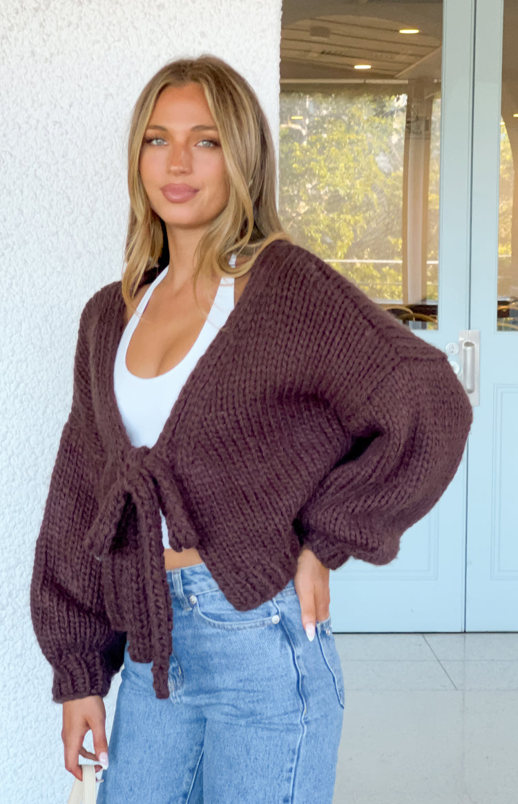 Holiday Chocolate Brown Tie Up Knit Cardigan