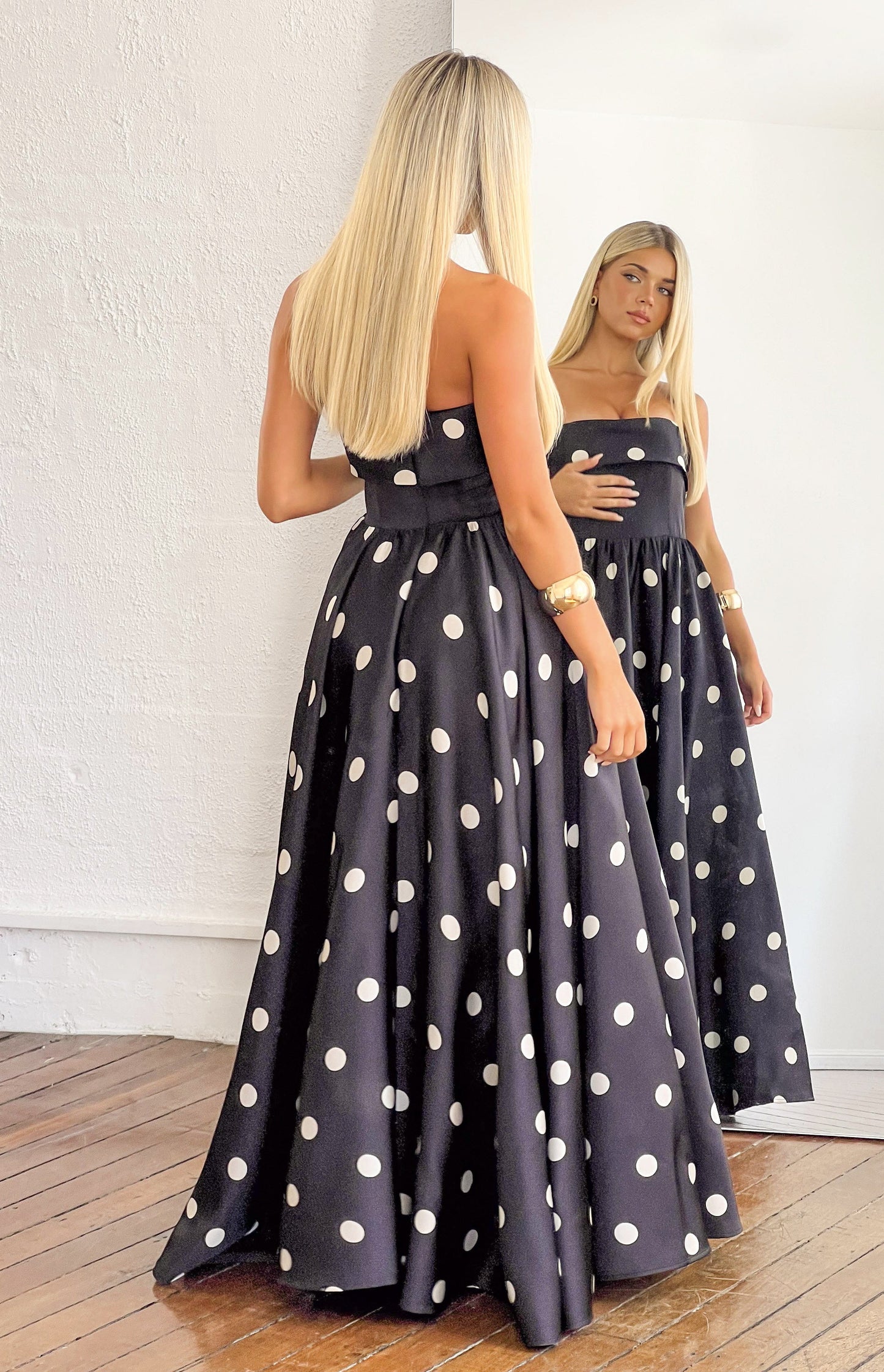 Julianne Strapless Polka Dot Satin Maxi Dress