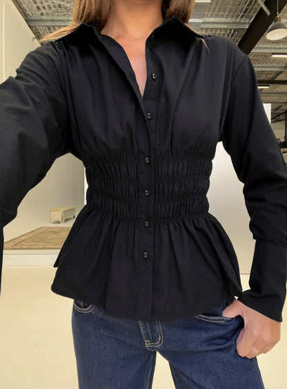 As You Are Shirred Button Up Top Black