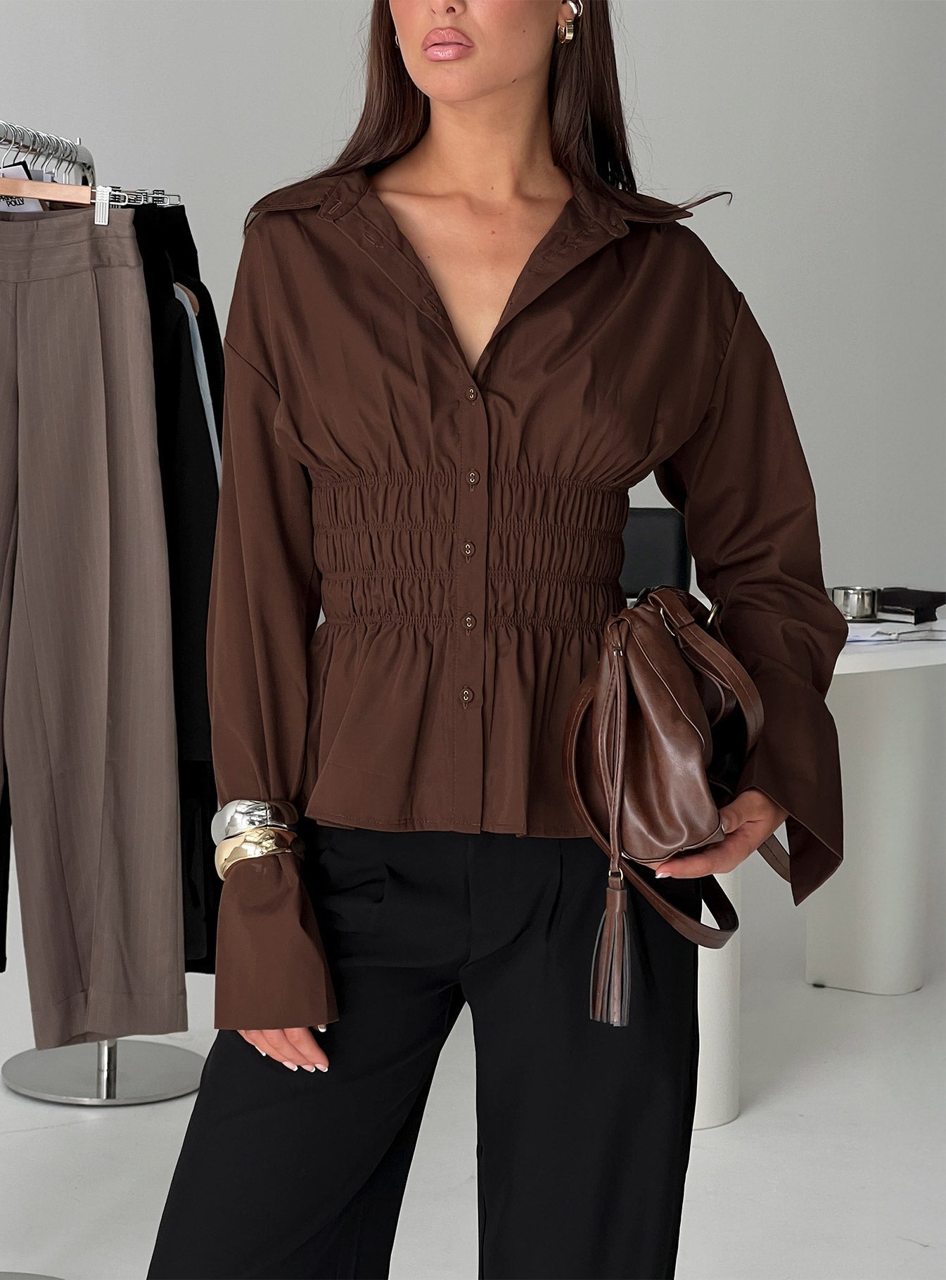 As You Are Shirred Button Up Top Chocolate