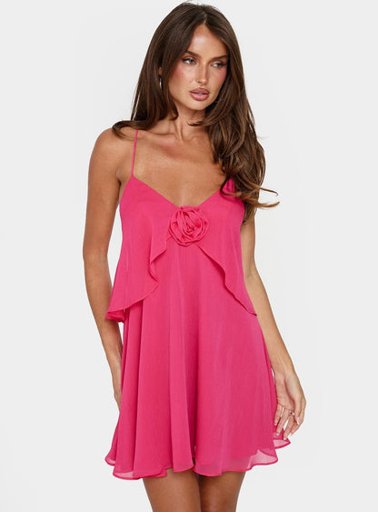 Big Picture Chiffon Babydoll Frill Mini Dress Fuschia