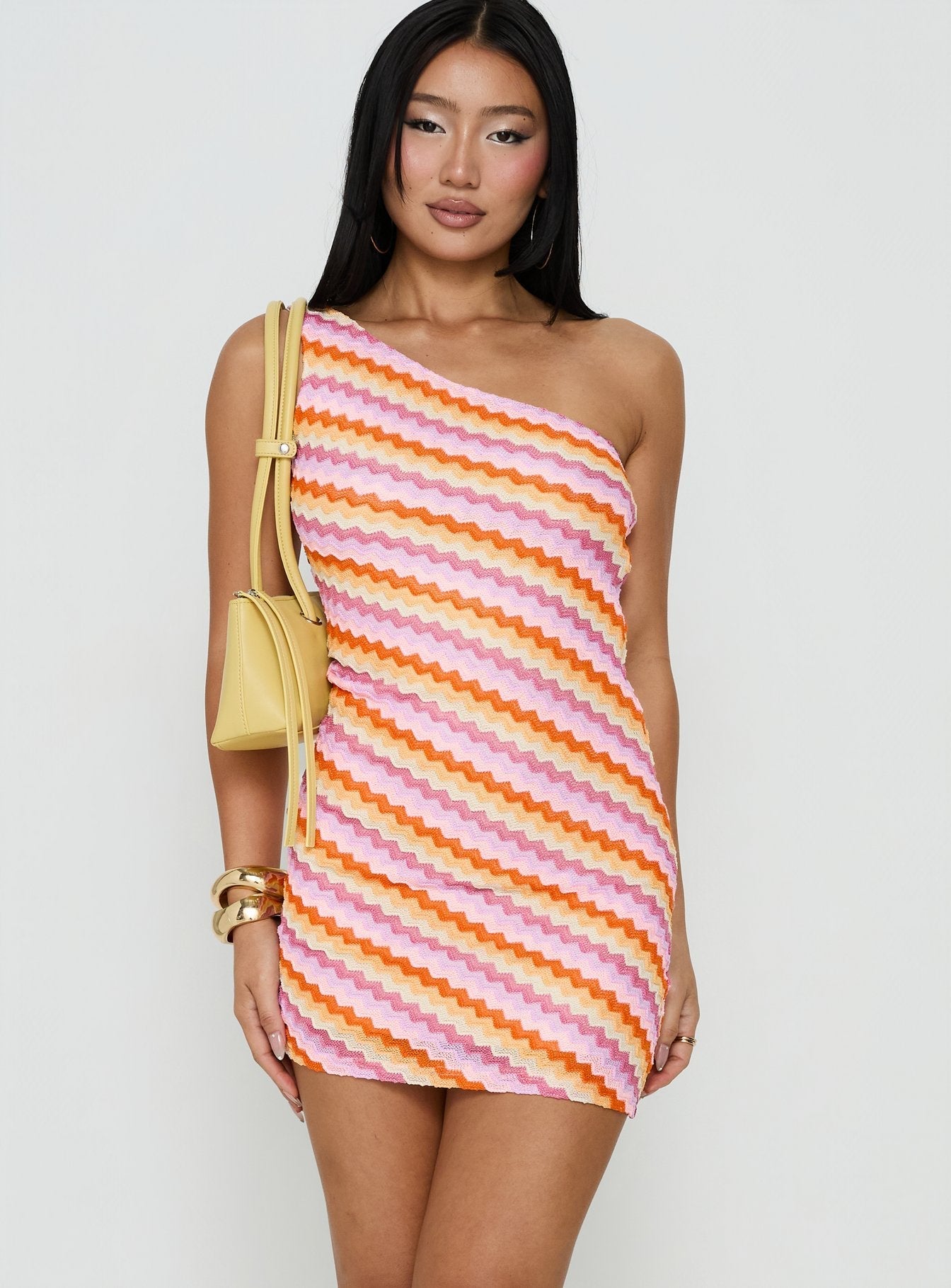 Alisia One Shoulder Knit Mini Dress Pink Stripe