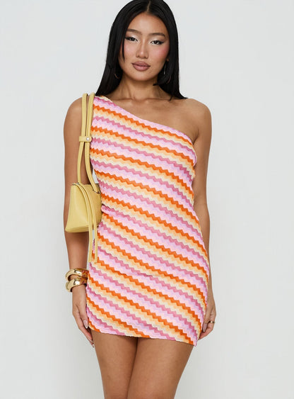Alisia One Shoulder Knit Mini Dress Pink Stripe