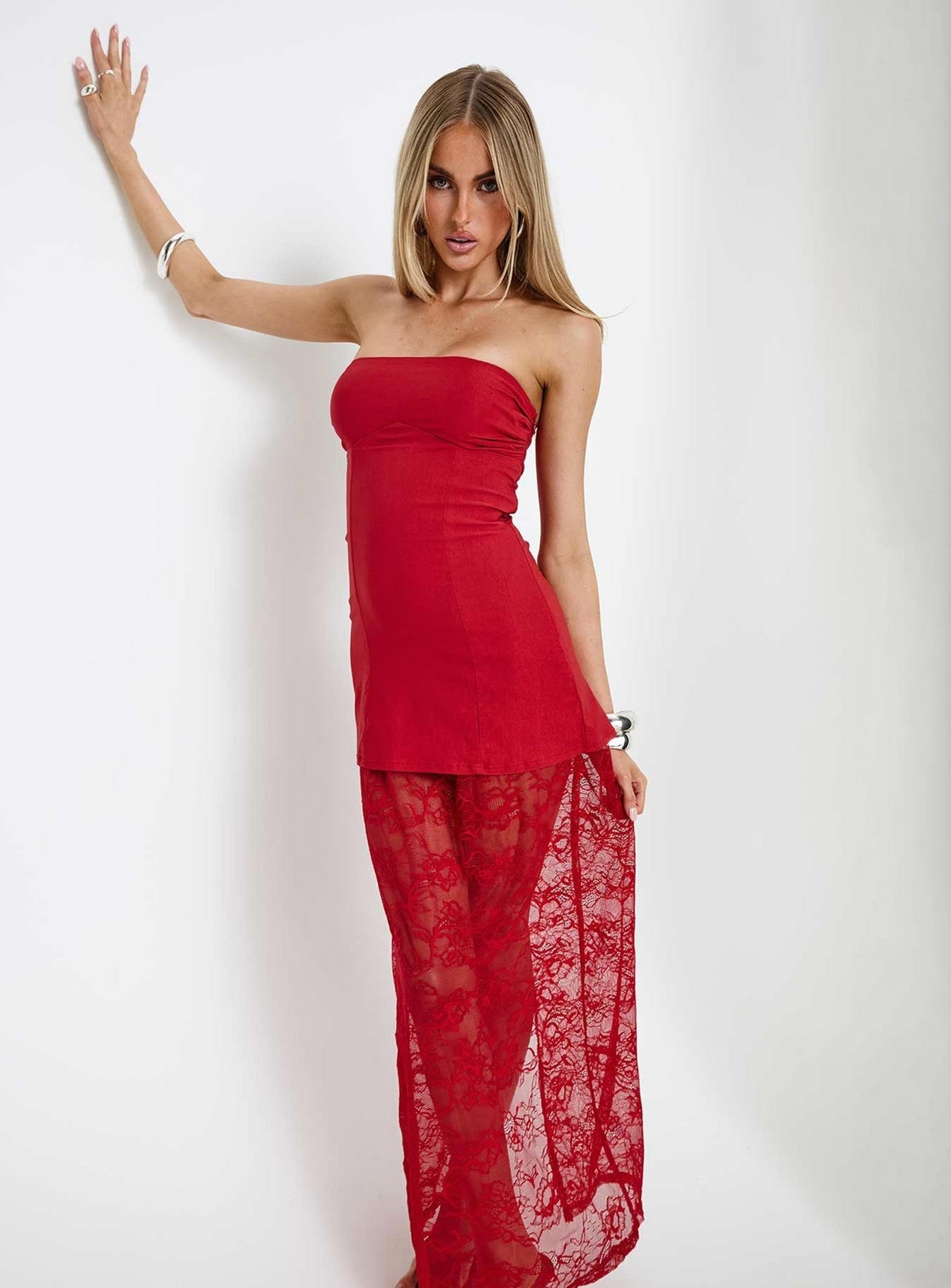 Aleda Sheer Lace Detail Strapless Maxi Dress Red
