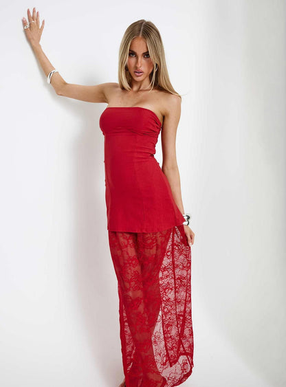 Aleda Sheer Lace Detail Strapless Maxi Dress Red