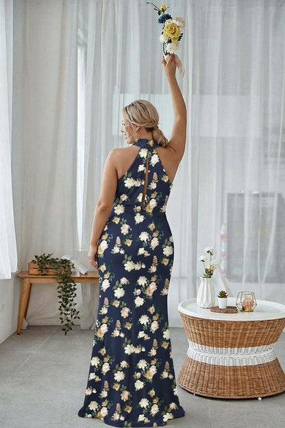 Blue White Floral Plus Size Sheath Halter Long Bridesmaid Dress