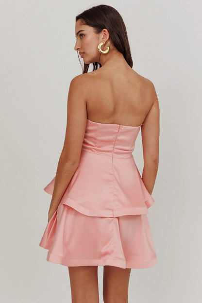 Alix Strapless Tiered Ruffle Mini Dress Rose Pink