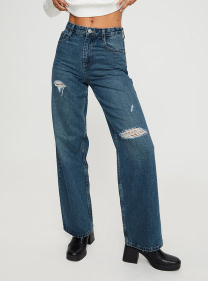 Beetle High Rise Wide Leg Ripped Jeans Mid Wash