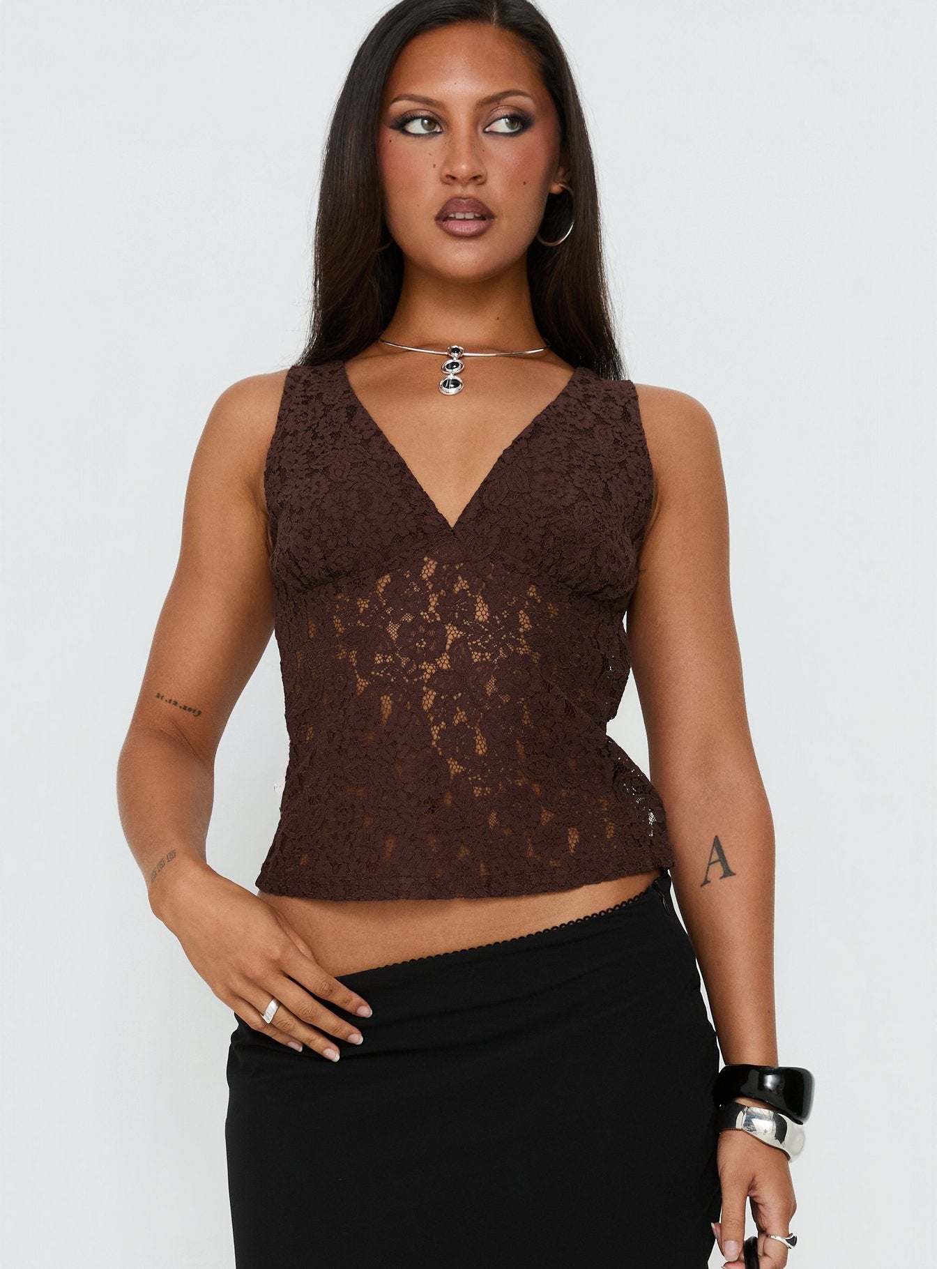 Aydinn Lace Plunge Neck Top Brown