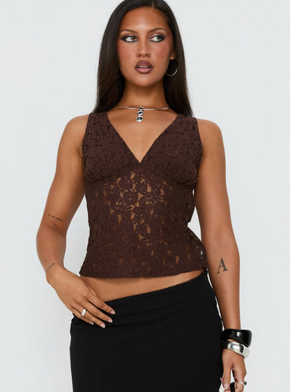 Aydinn Lace Plunge Neck Top Brown