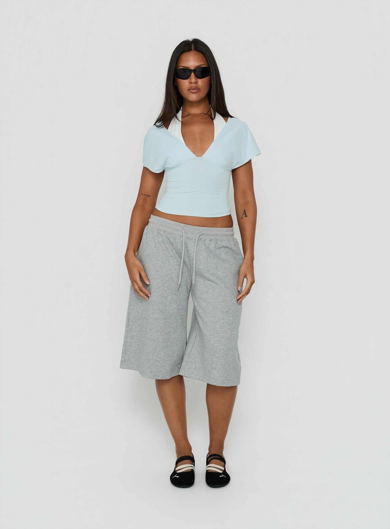 Beea Layered Halter Short Sleeve Top Blue / White