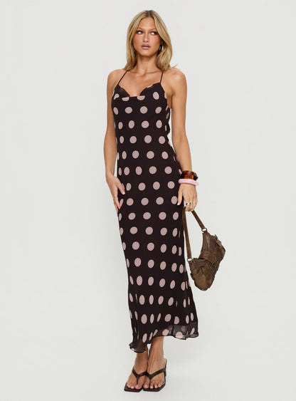 Andreana Low Back Maxi Dress Burgundy Polka Dot
