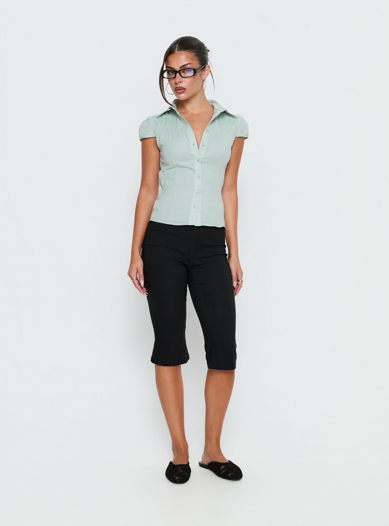 Adulation Ruched Detail Short Sleeve Shirt Green