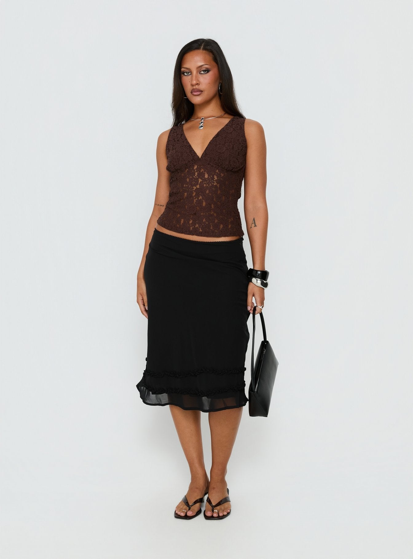 Aydinn Lace Plunge Neck Top Brown