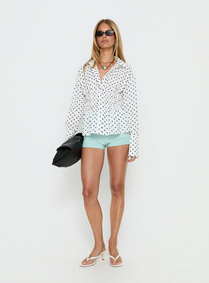 As You Are Shirred Button Up Top White Polka