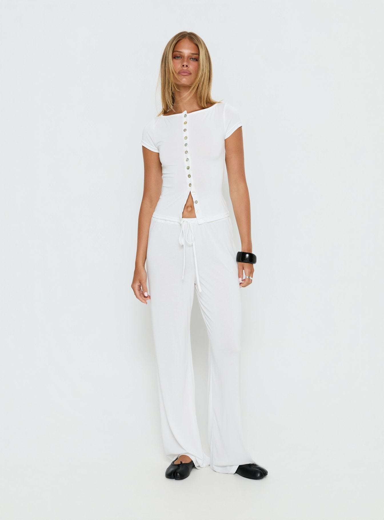 Angellina Jersey Button Down Top White