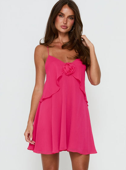 Big Picture Chiffon Babydoll Frill Mini Dress Fuschia