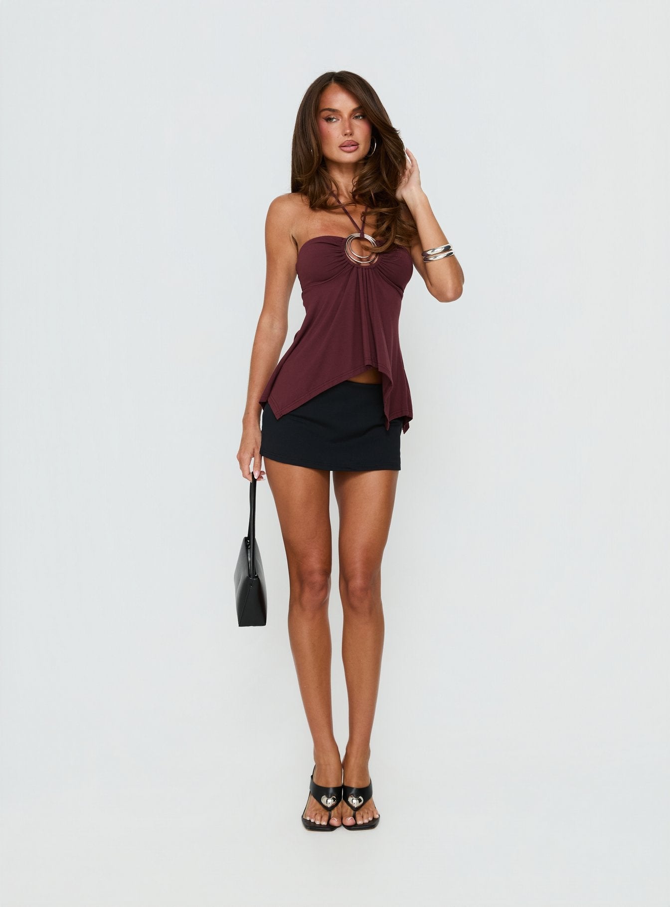 Betsey Ring Detail Tie Neck Top Burgundy