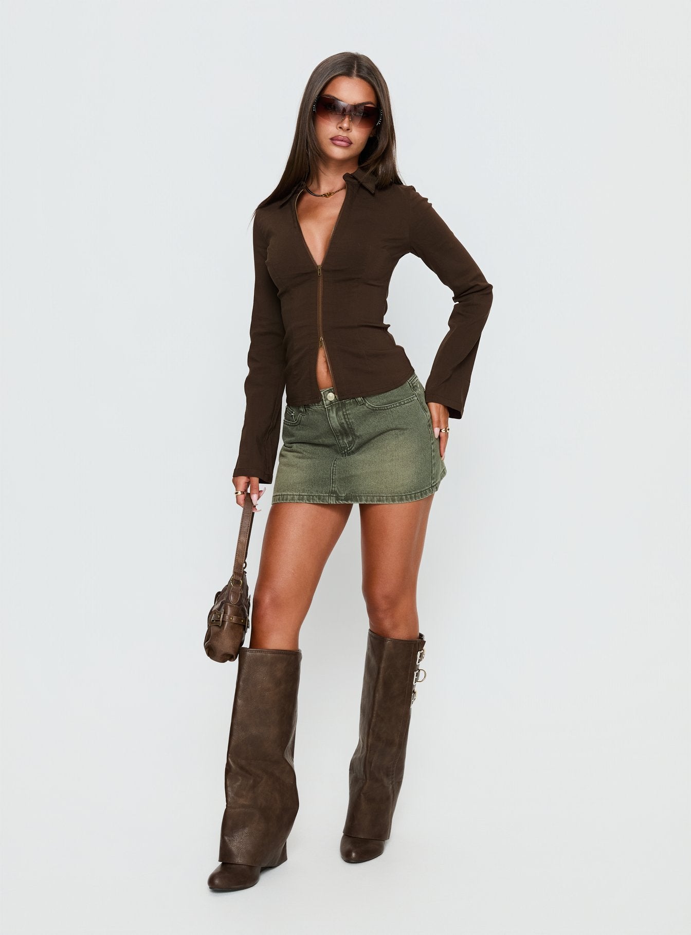 Aviela Zip Up Long Sleeve Top Brown