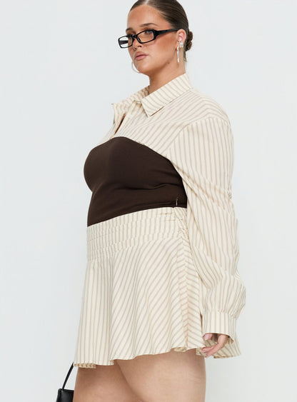 Belva Long Sleeve Corset Shirt Mini Dress Brown Stripe Curve