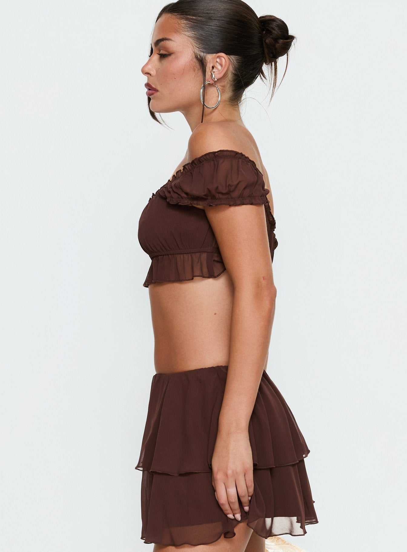 Ackee Ruched Off Shoulder Top Brown