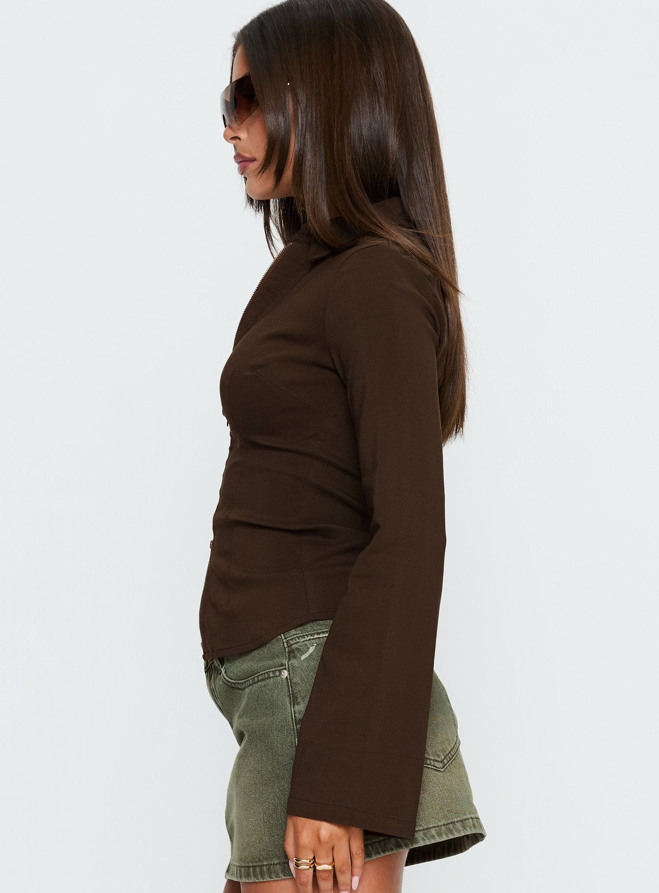 Aviela Zip Up Long Sleeve Top Brown