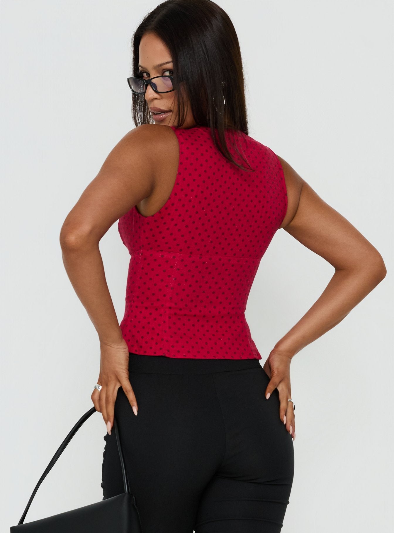 Alissea Keyhole Linen Blend Top Red Polka