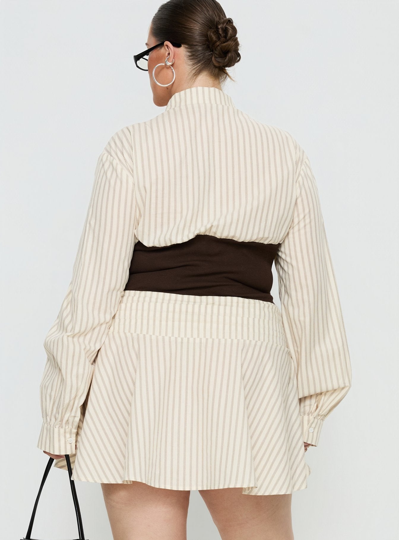 Belva Long Sleeve Corset Shirt Mini Dress Brown Stripe Curve