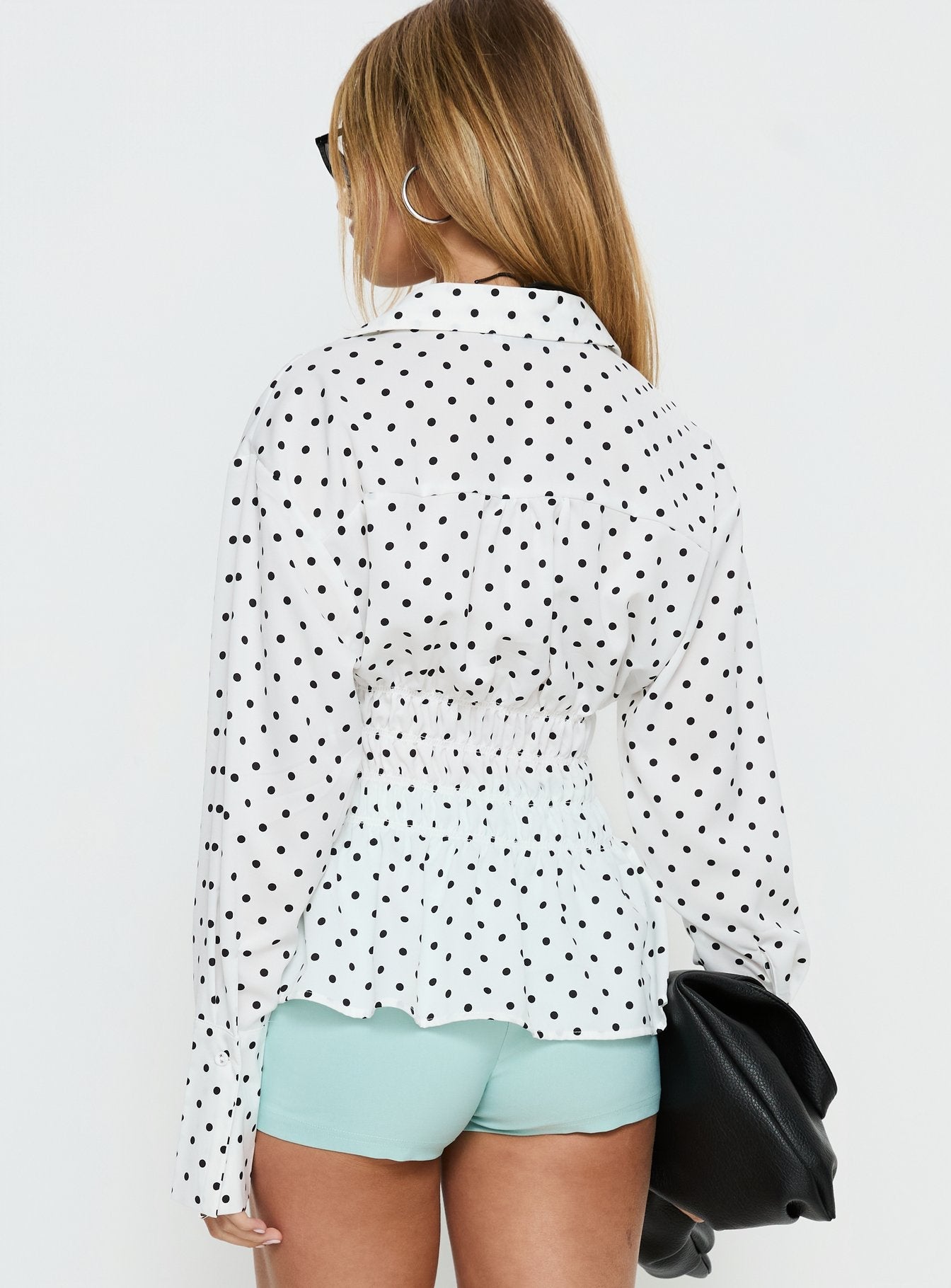 As You Are Shirred Button Up Top White Polka