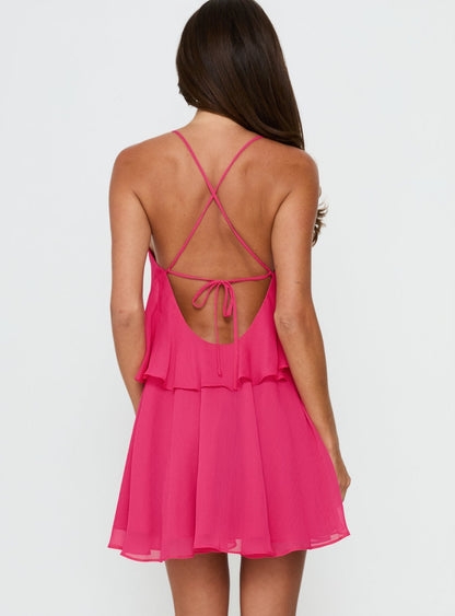 Big Picture Chiffon Babydoll Frill Mini Dress Fuschia