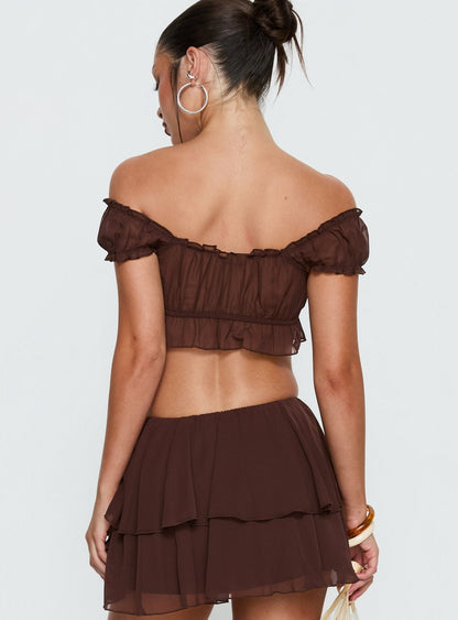 Ackee Ruched Off Shoulder Top Brown
