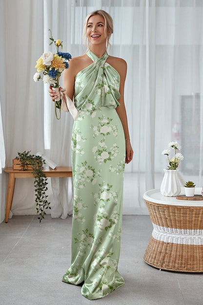 Blue White Floral Plus Size Sheath Halter Long Bridesmaid Dress