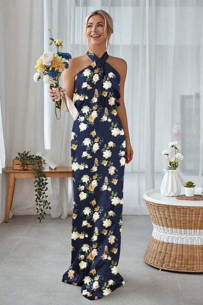 Blue White Floral Plus Size Sheath Halter Long Bridesmaid Dress