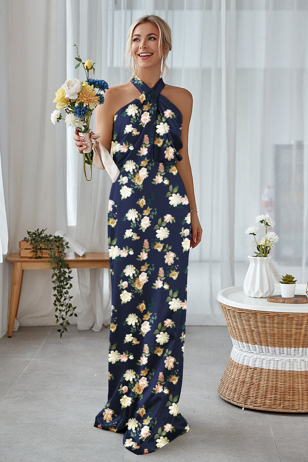 Floral Navy Bloom Plus Size Sheath Halter Long Bridesmaid Dress