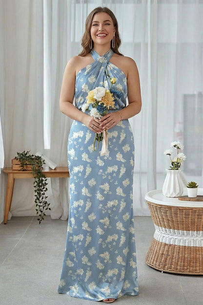 Floral Navy Bloom Plus Size Sheath Halter Long Bridesmaid Dress