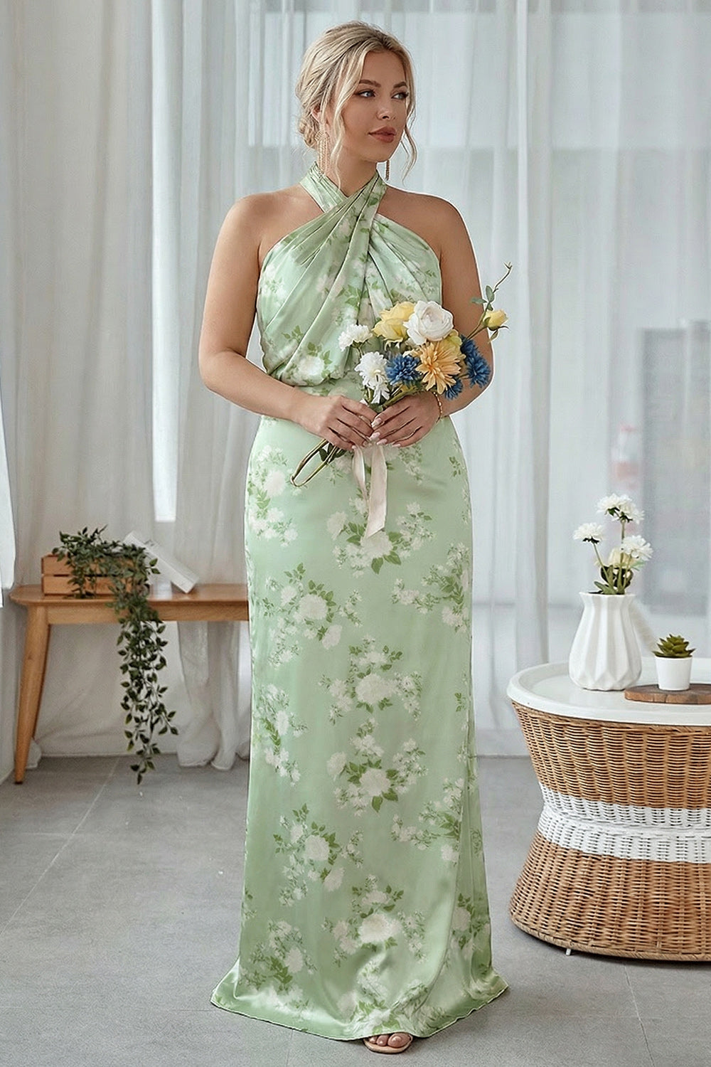 Blue White Floral Plus Size Sheath Halter Long Bridesmaid Dress