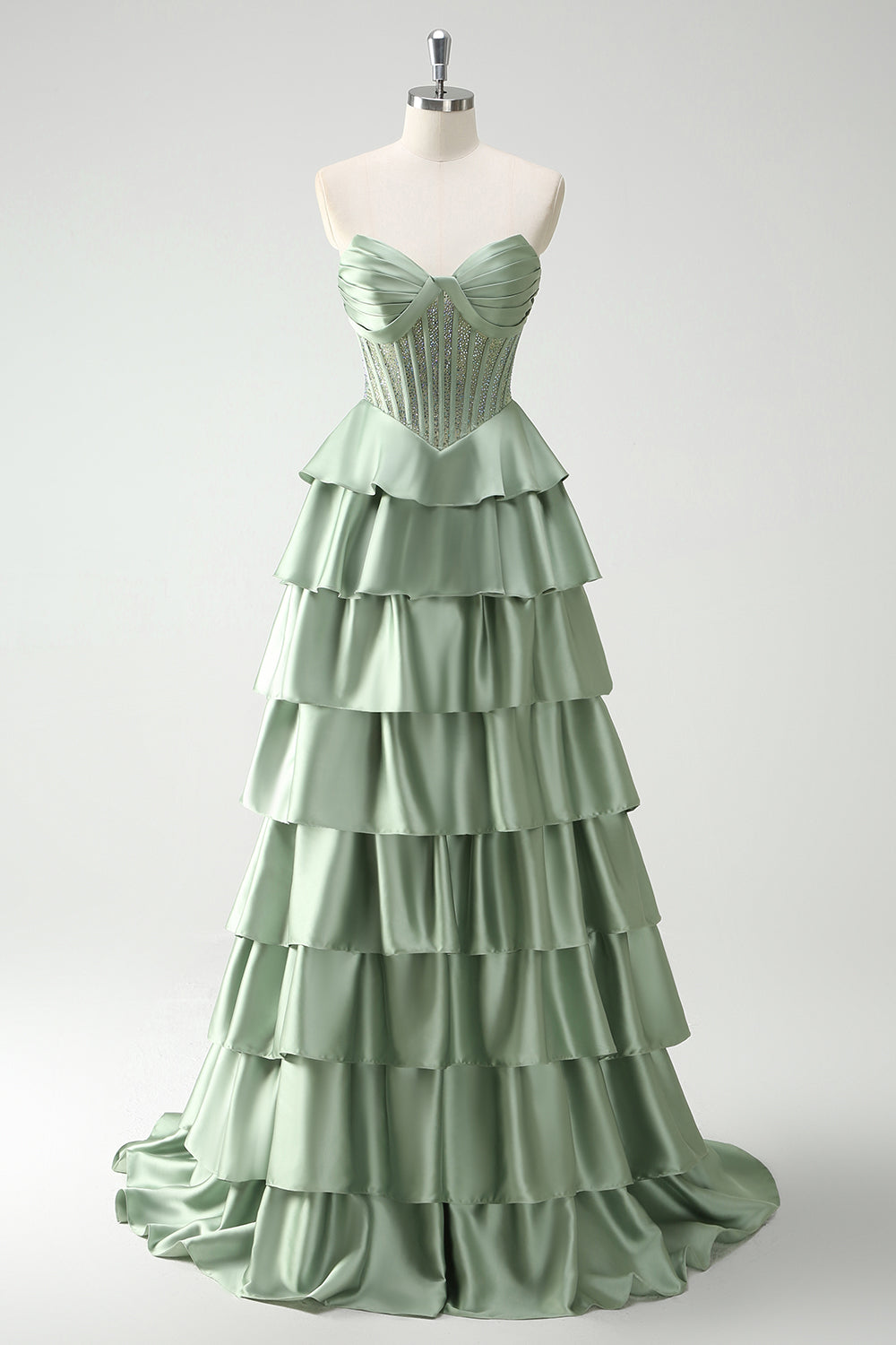 Sparkly Green A Line Plus Size Tiered Long Corset Prom Dress with Ruffles