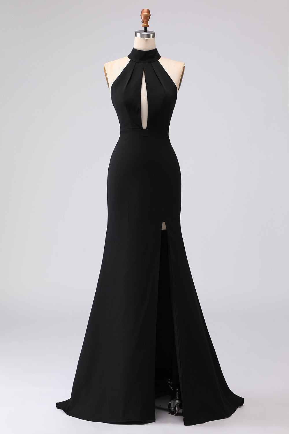 Plus Size Black Satin Mermaid Halter Neck Long Formal Dress