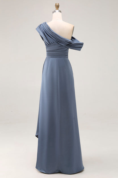 Plus Size Grey Blue Mermaid Ruched One Shoulder Satin Formal Dress with Ruffles