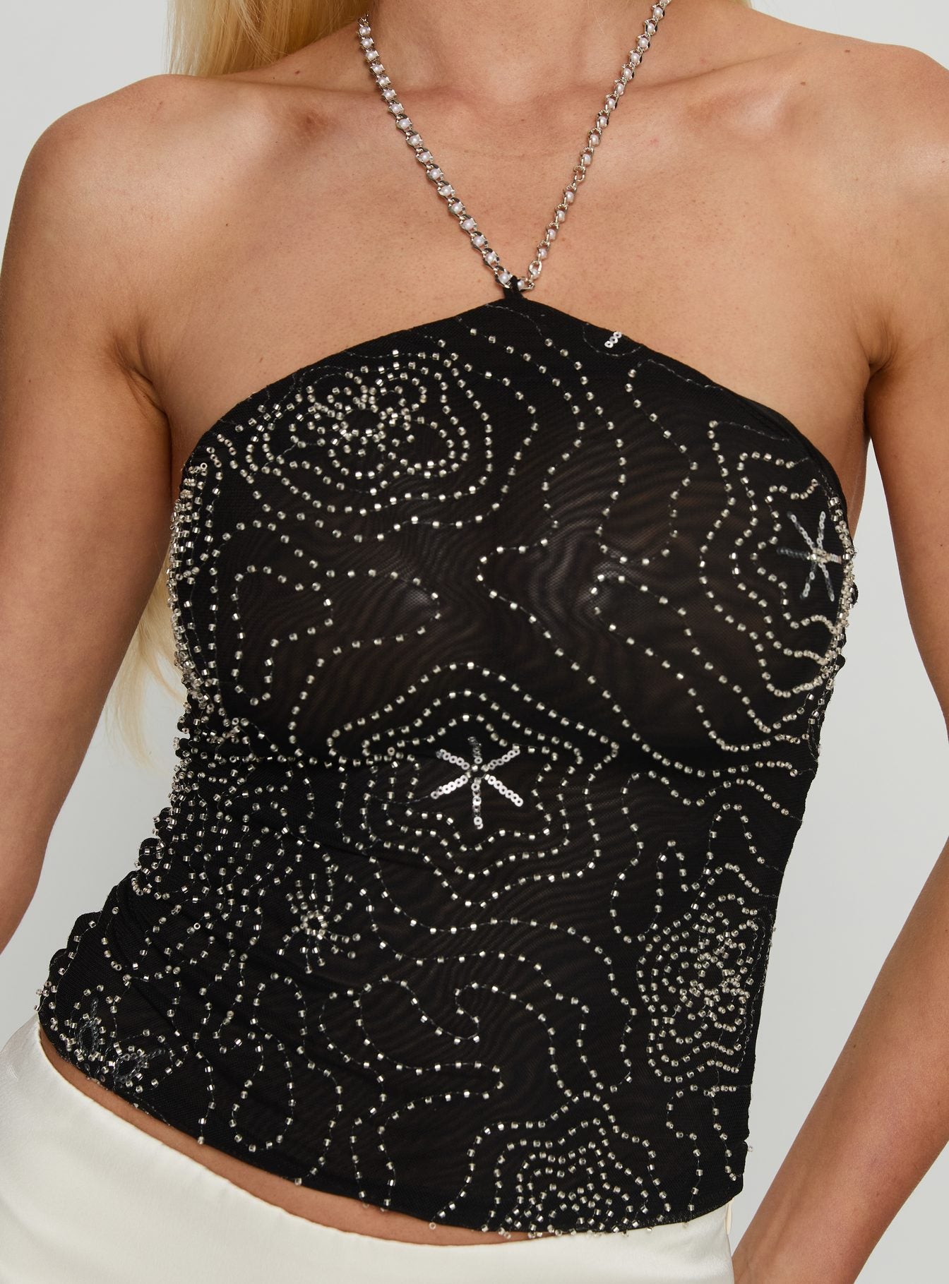 Azzurra Bead Detail Arrowneck Top Black