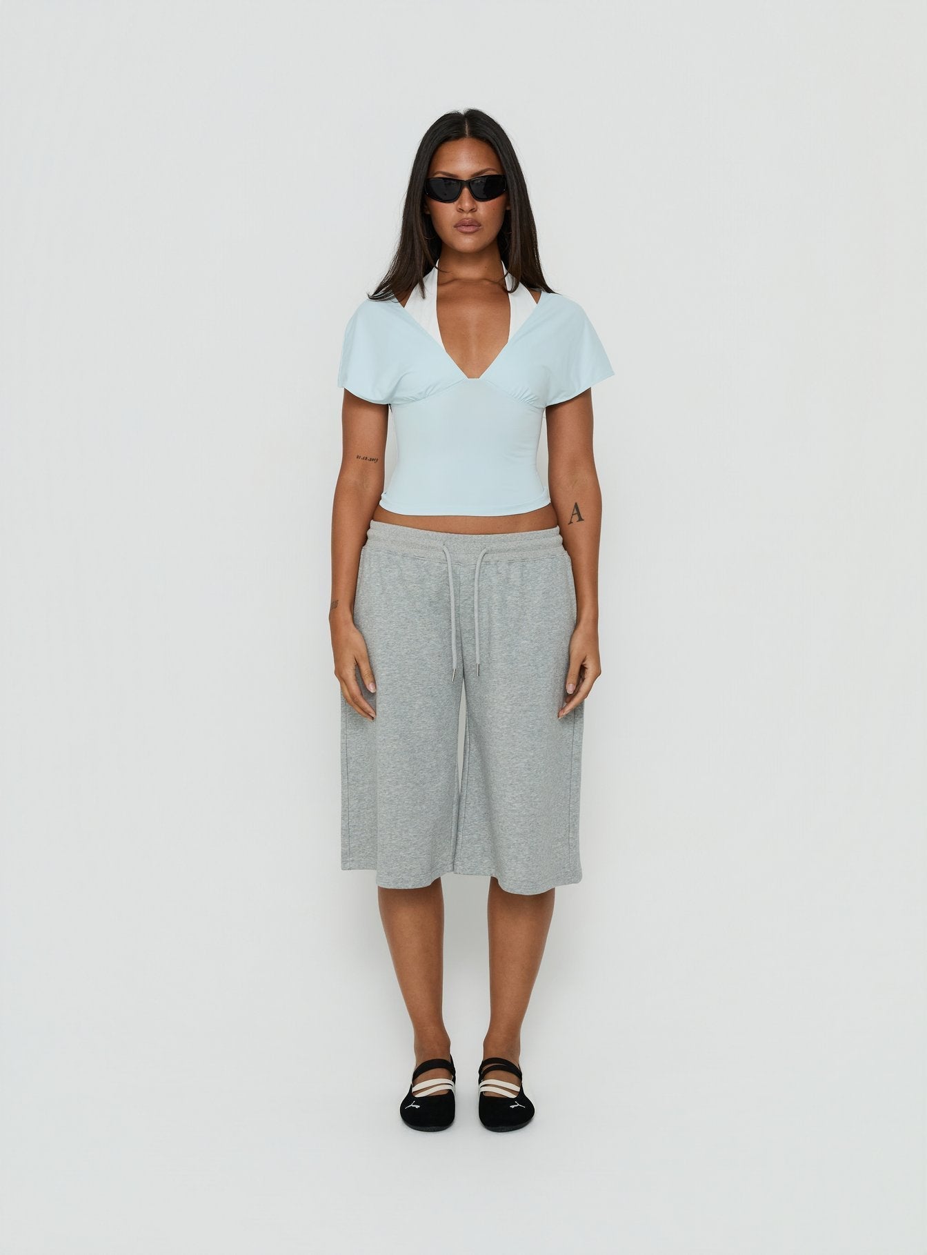 Beea Layered Halter Short Sleeve Top Blue / White