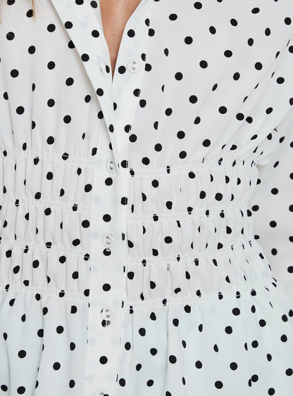 As You Are Shirred Button Up Top White Polka
